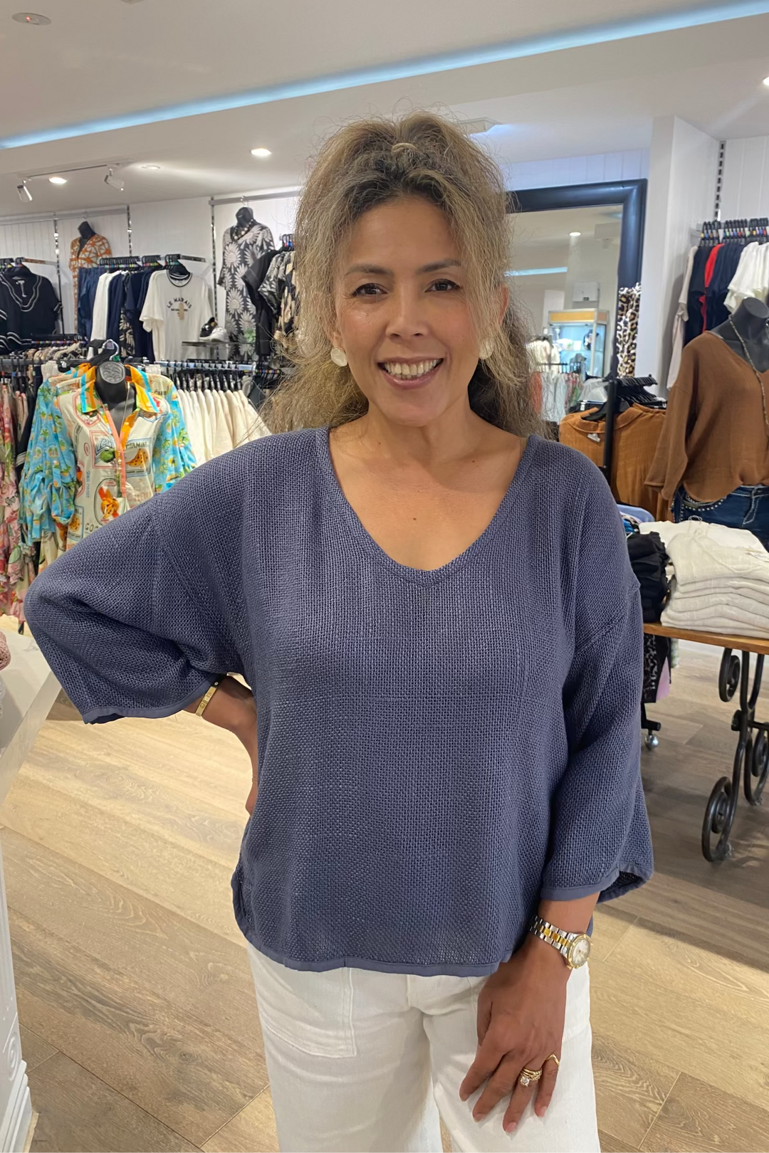Estelle Hessian V Neck Top - Storm Blue - CB2