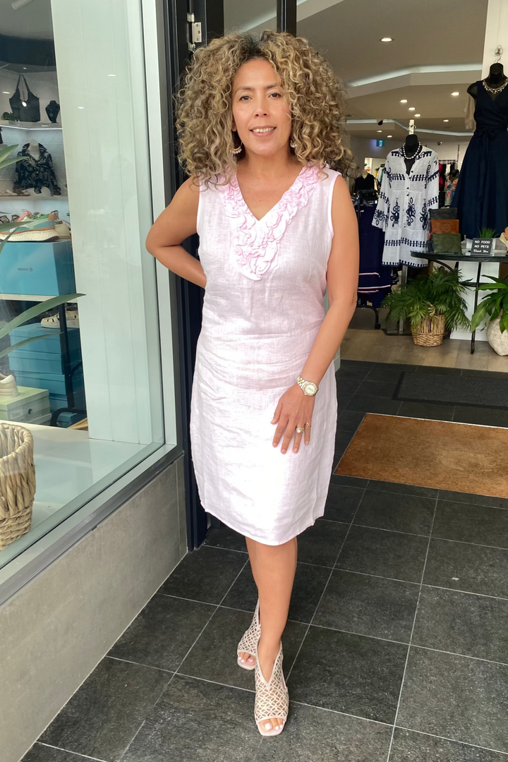 Sleeveless Ruffle Linen Dress - Pink - SS36