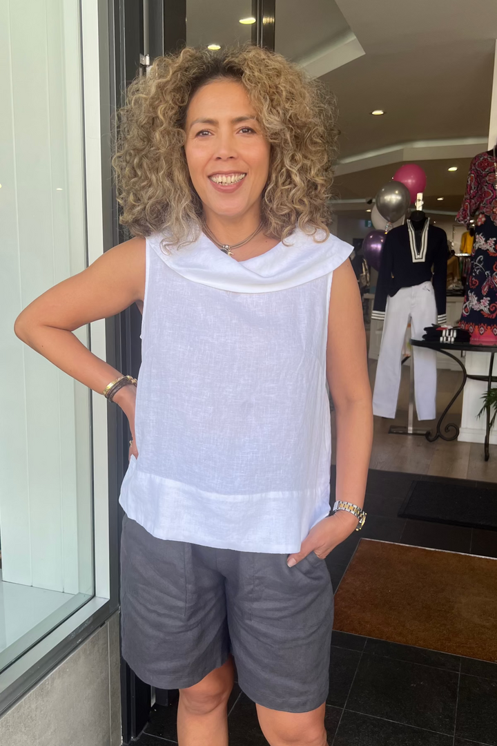 Linen Cowl Neck Top - White - SS39