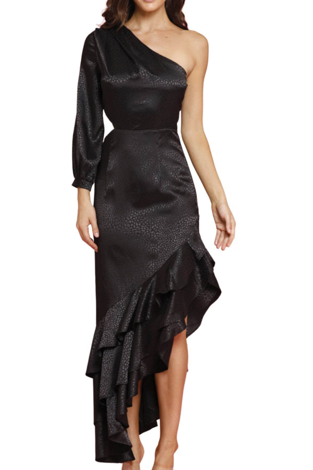 Woman wearing a black cocktail dress one shoulder with a frilled hem, sold and shipped from Pizazz Boutique online women's clothes shops Australia