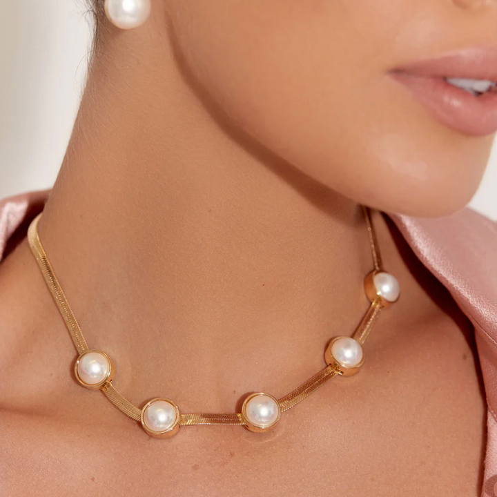Greta Faux Pearl Collar Necklace - Cream/Gold - AD9