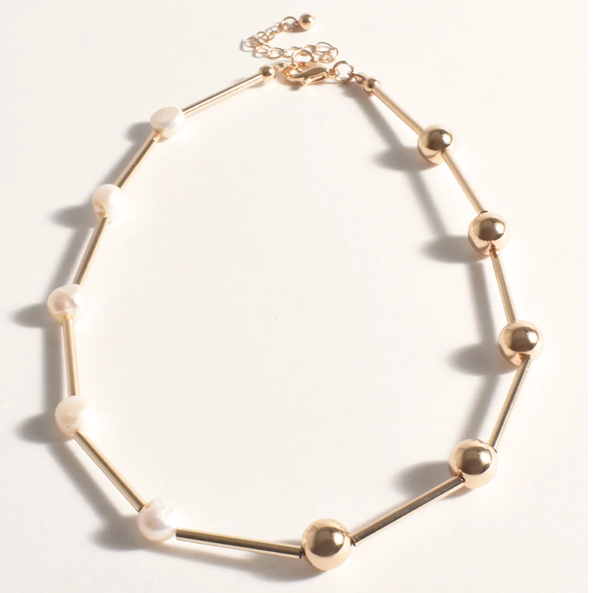 Ball Pearl Half/Half Short Necklace - Cream/Gold - AD10