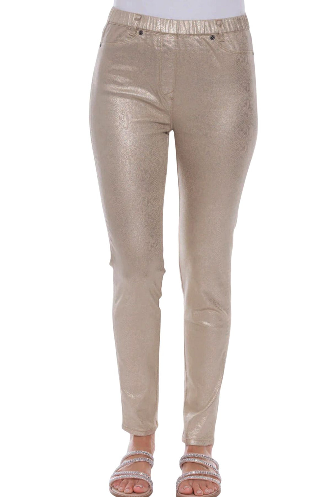 woman wearing gold foil pants by Cafe Late clothing, sold and shipped from Pizazz Boutique online women's clothes shops Australia