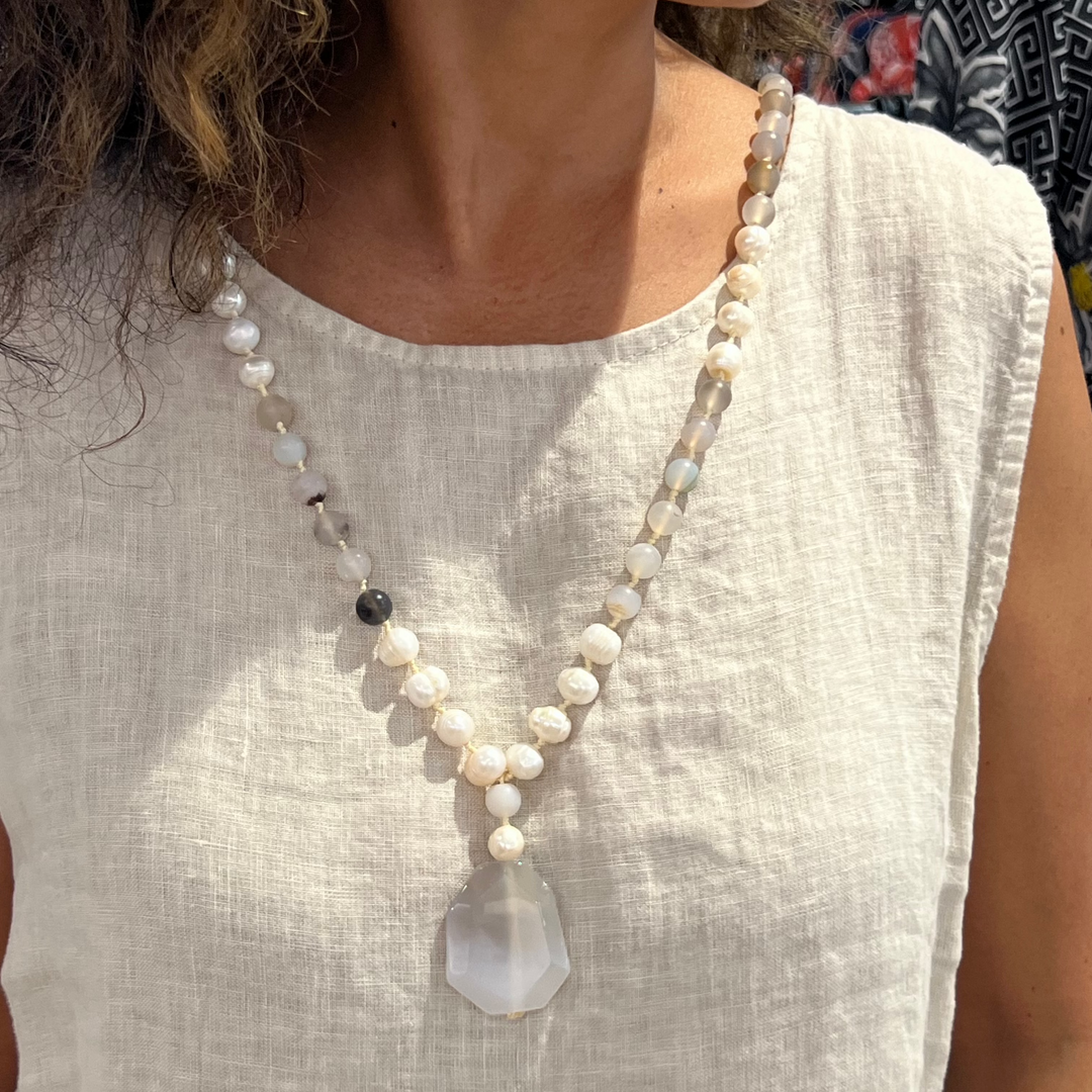 Agate & Pearl Drop Necklace -CG90