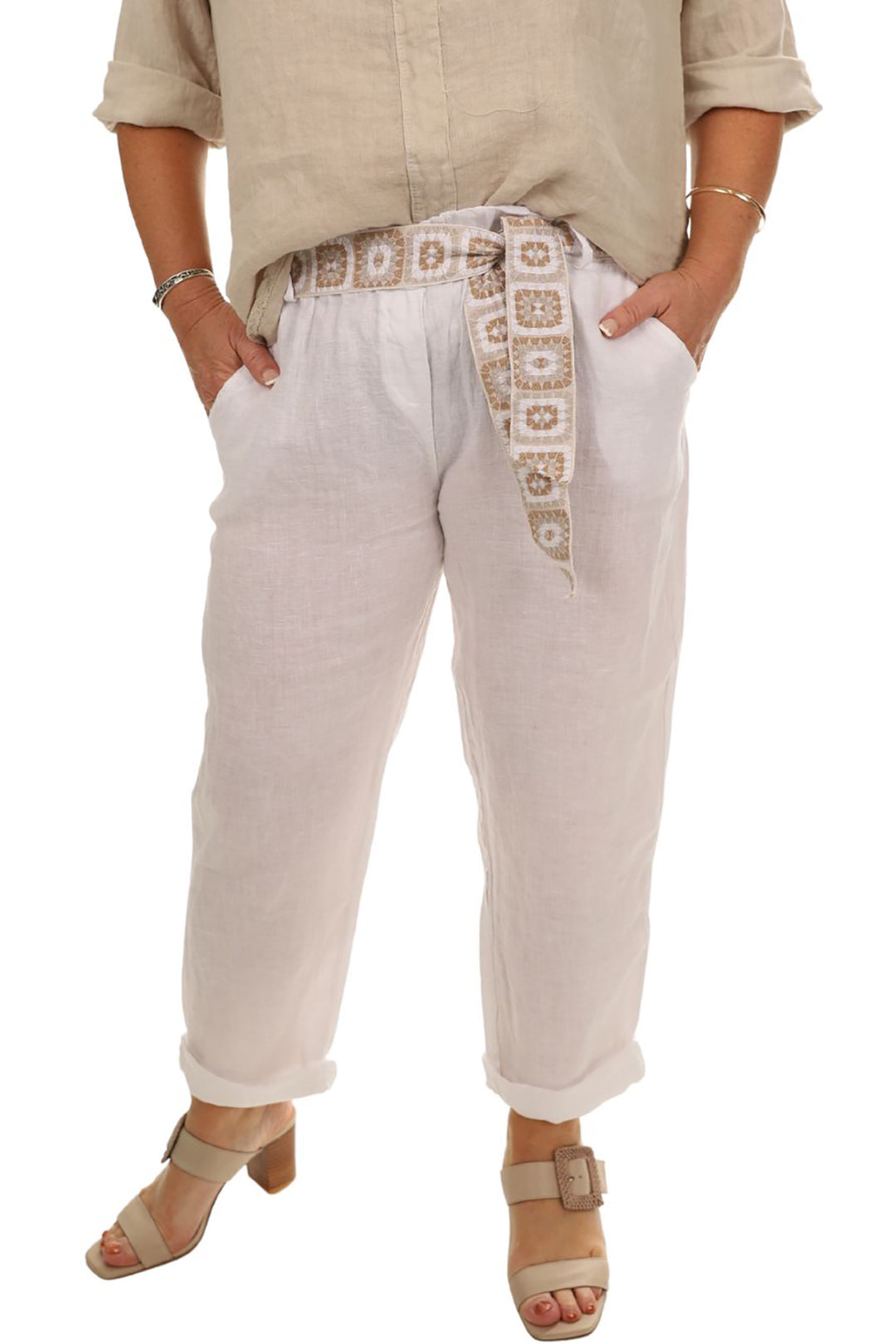 Woman wearing the Arlyn pant in white by Cindy-G, sold and shipped from Pizazz Boutique Nelson Bay women's dresses online Australia