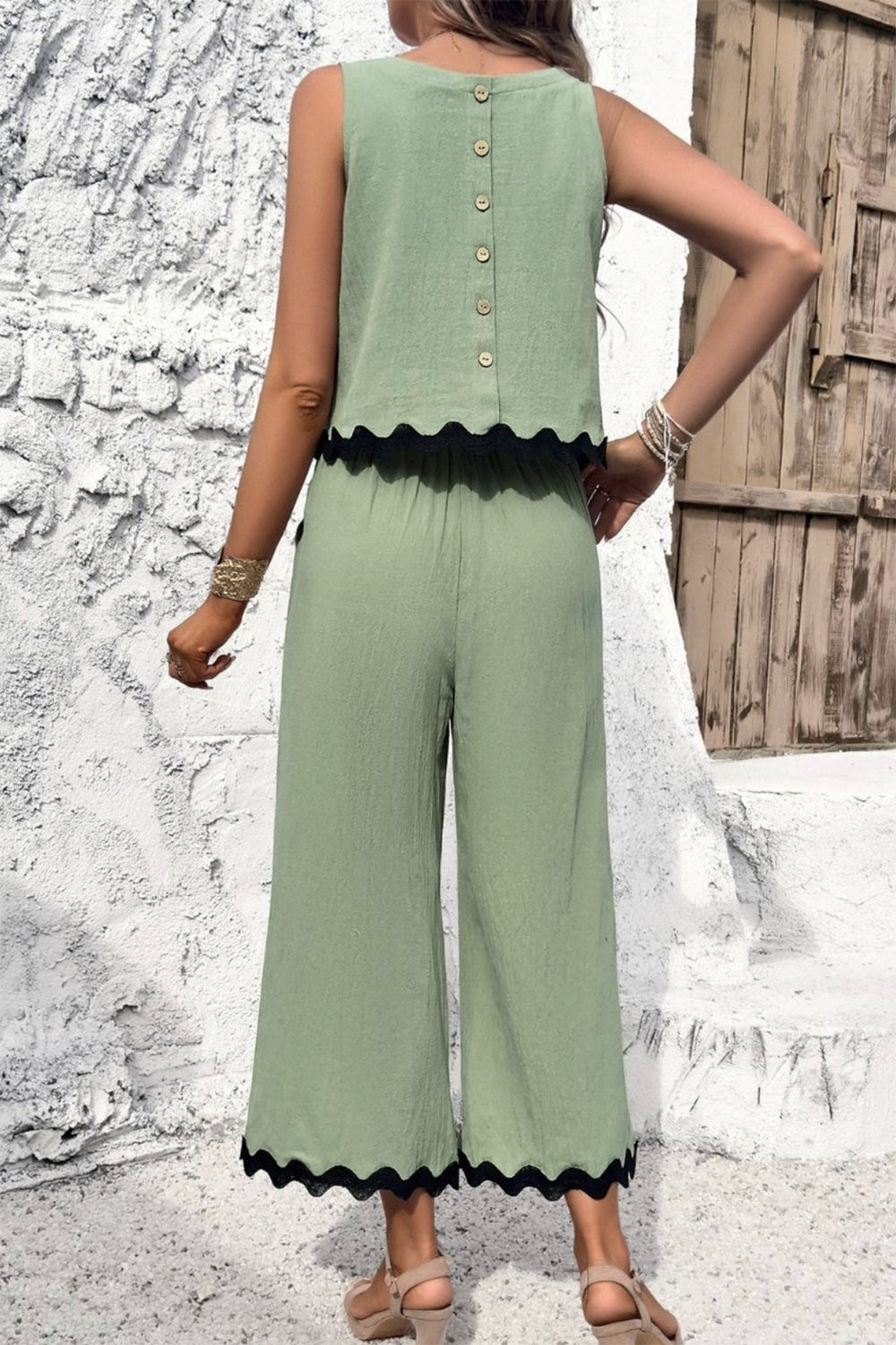 ava womens pant set in sage with black trim back view