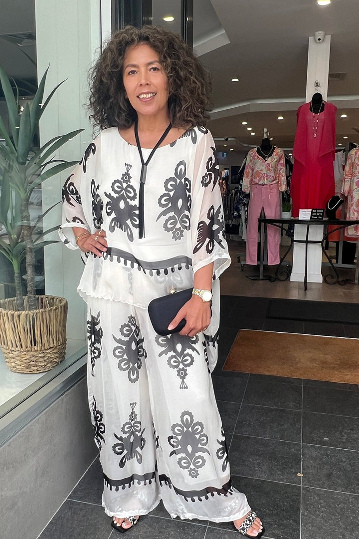 Blossom Print Pants - White/Black - CG37 - Pizazz BoutiqueCindy G