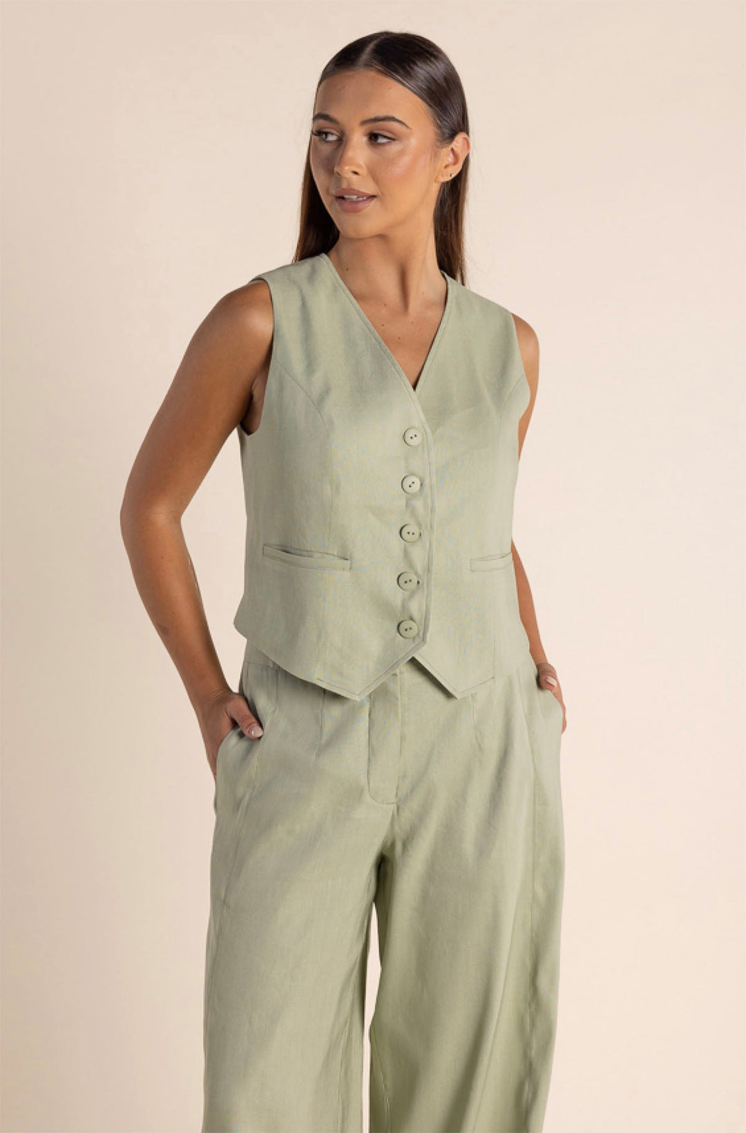 Carol Linen Mix Vest - Avocado - TT46 - Pizazz BoutiqueTwo - T's