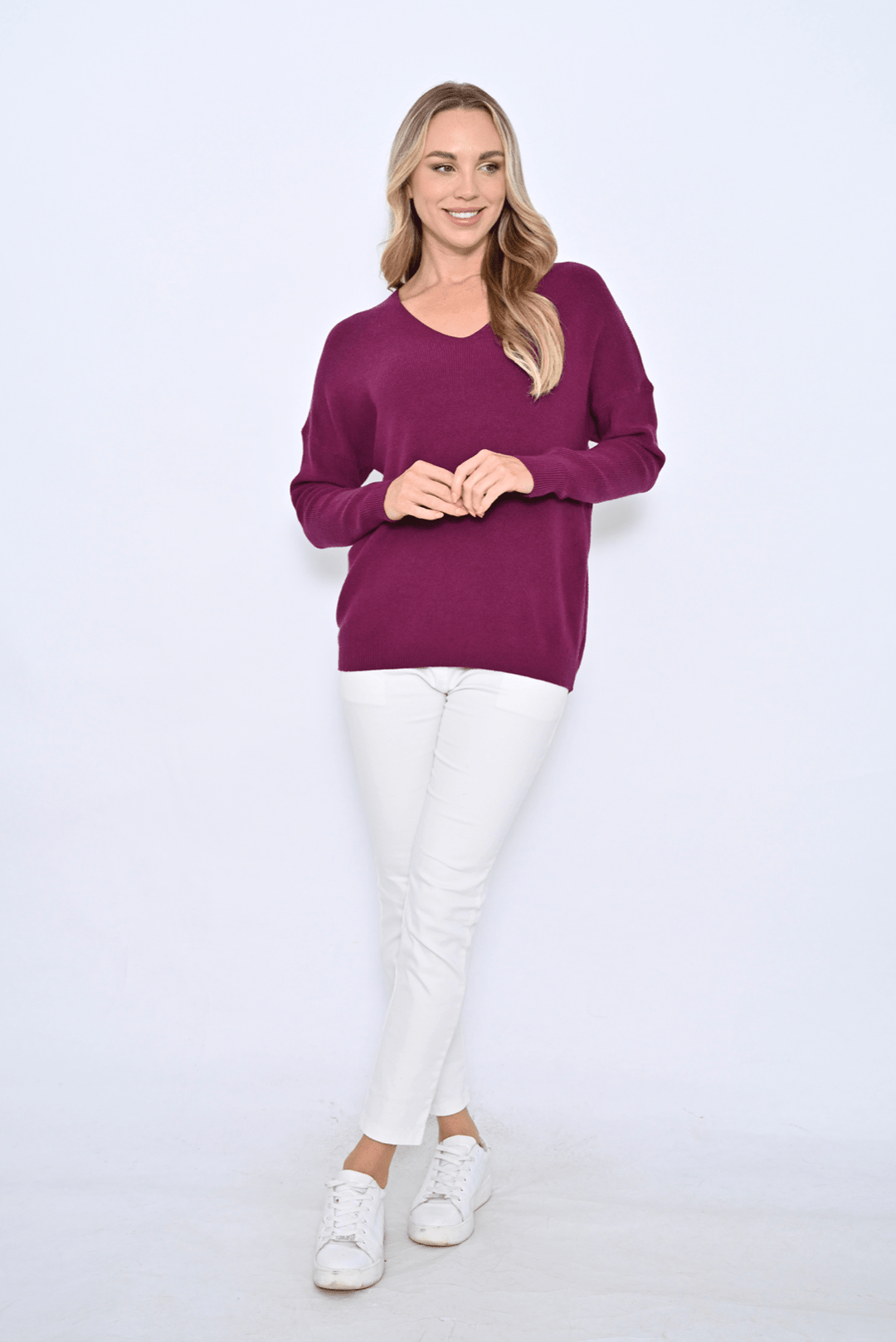 Charlotte V Neck Knit - Wine - CC12 - Pizazz BoutiqueCali & Co