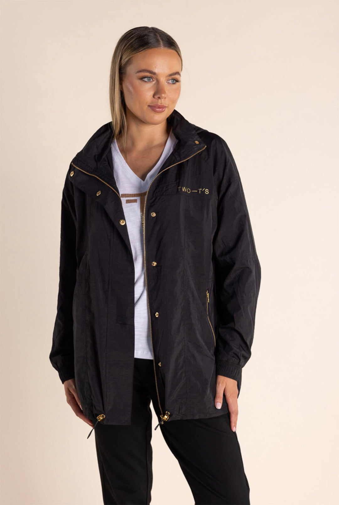 Chloe Spray Jacket - Black/Gold Logo - TT49 - Pizazz BoutiqueTwo - T's