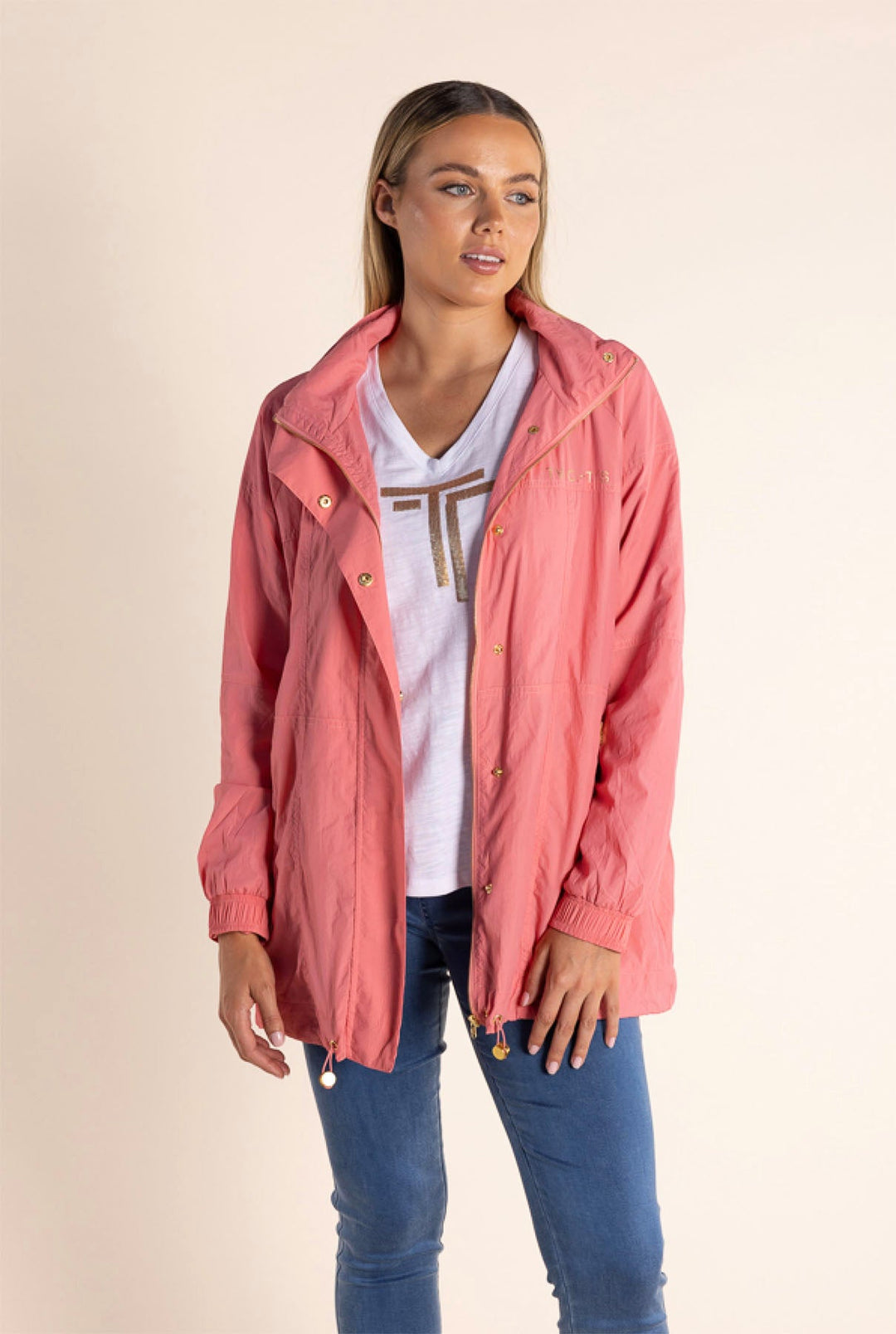 Chloe Spray Jacket - Spring Pink/Gold Logo - TT49 - Pizazz BoutiqueTwo - T's