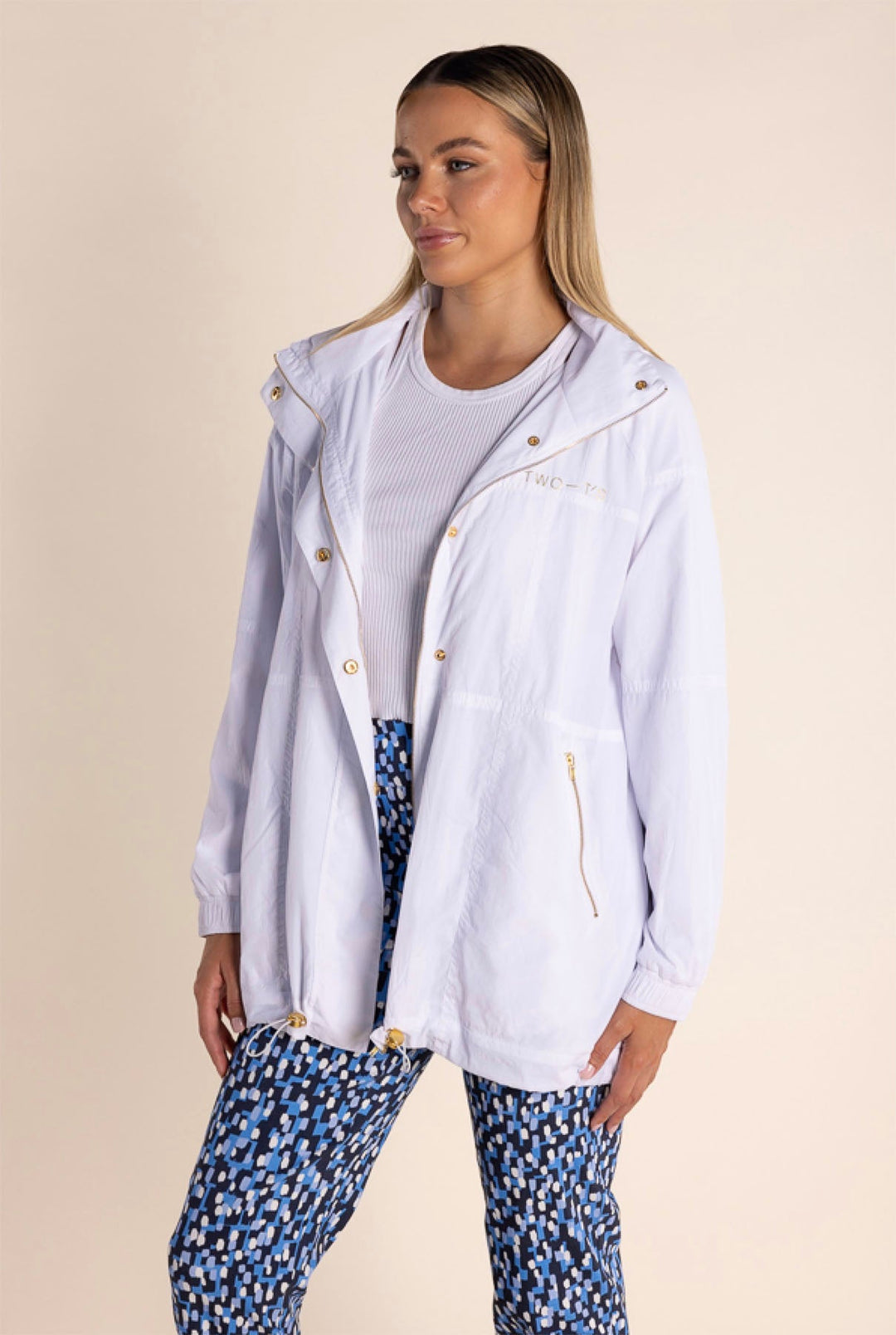 Chloe Spray Jacket - White/Gold Logo - TT49 - Pizazz BoutiqueTwo - T's