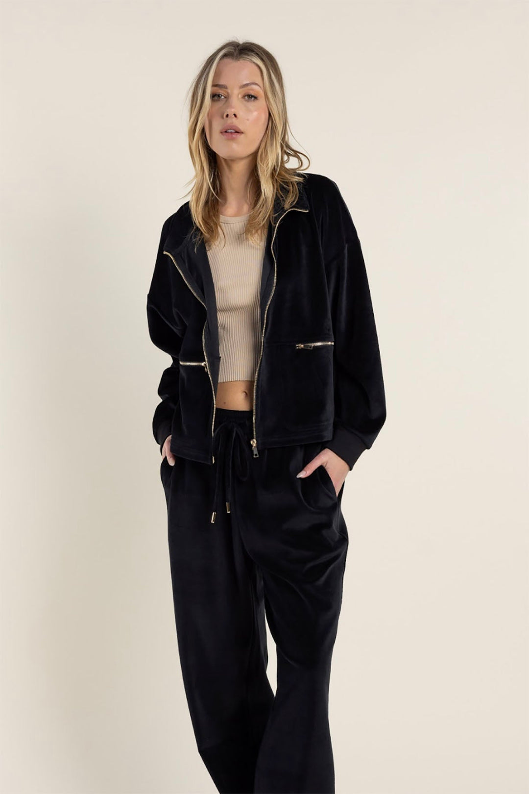 Claire Cropped Velour Jacket - Black - TT36 - Pizazz BoutiqueTwo - T's