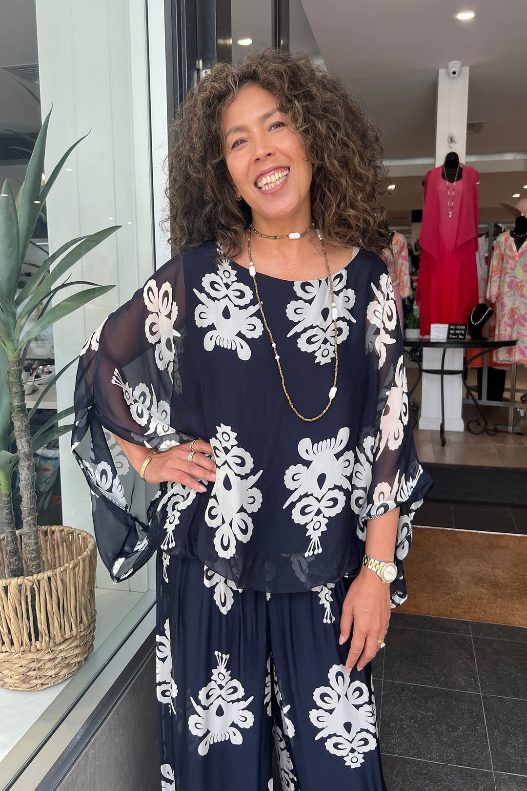 Clover Print Top - Navy/Cream - CG36 - Pizazz BoutiqueCindy G
