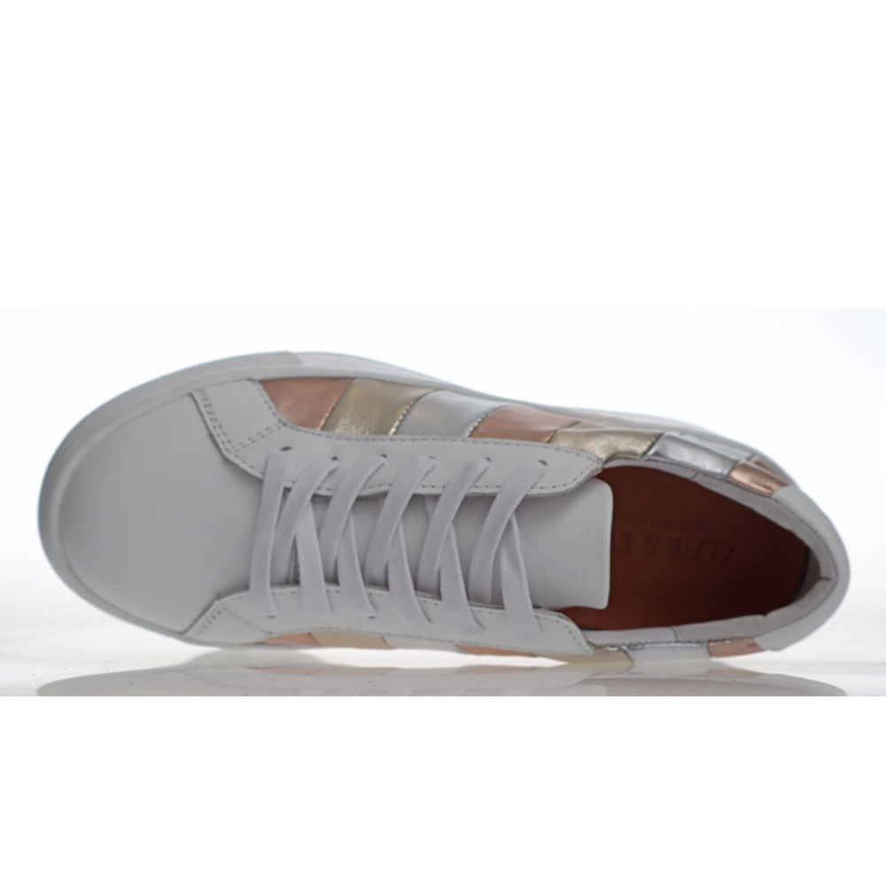 White platform sneaker with gold, rose gold and silver stripes from Pizazz Boutique Nelson Bay dress shop