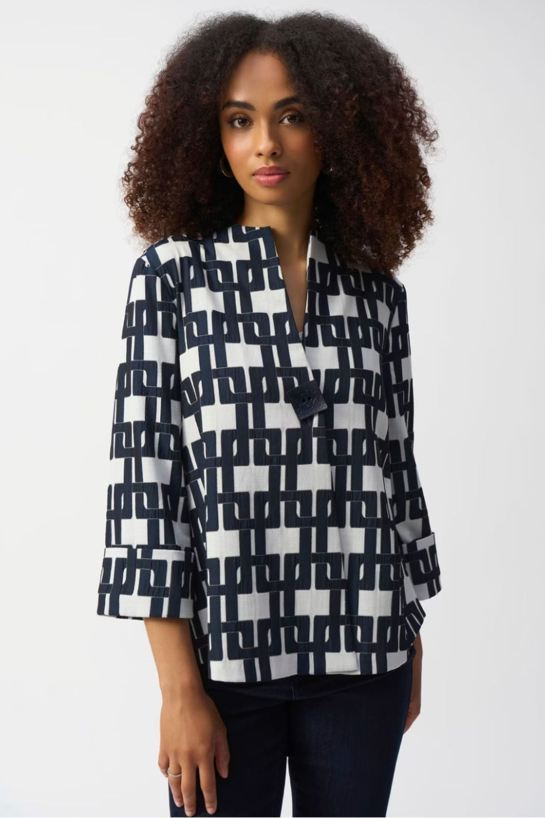 Geometric Trapeze Jacket - Off White/Navy - JR37 - Pizazz BoutiqueJoseph Ribkoff
