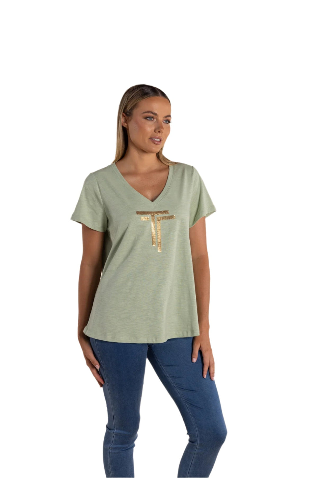 Gold Logo Sequin V - Neck Tee - Avocado - TT52 - Pizazz BoutiqueTwo - T's