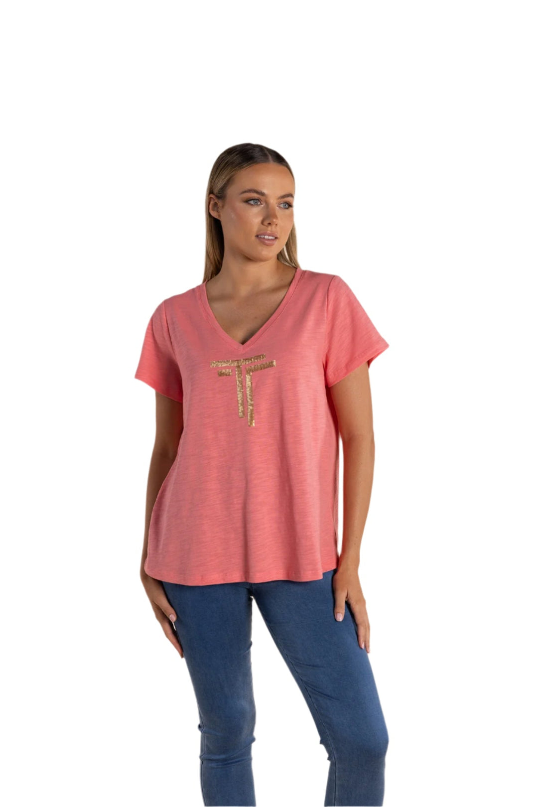 Gold Logo Sequin V - Neck Tee - Coral - TT52 - Pizazz BoutiqueTwo - T's