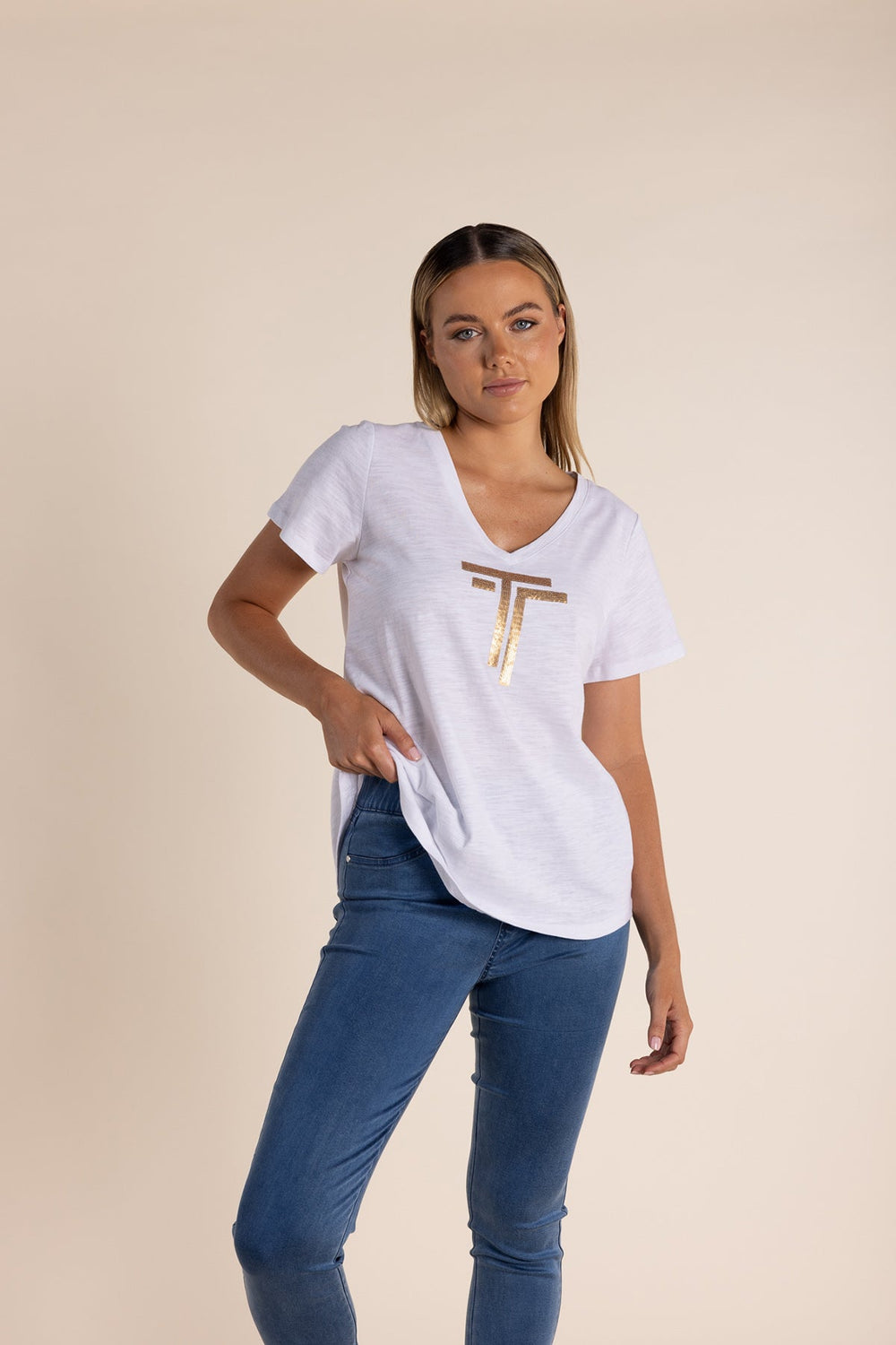 Gold Logo Sequin V - Neck Tee - White - TT52 - Pizazz BoutiqueTwo - T's