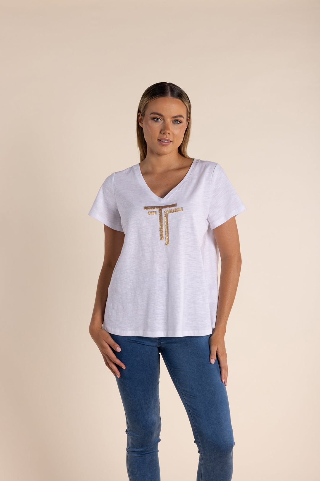 Gold Logo Sequin V - Neck Tee - White - TT52 - Pizazz BoutiqueTwo - T's