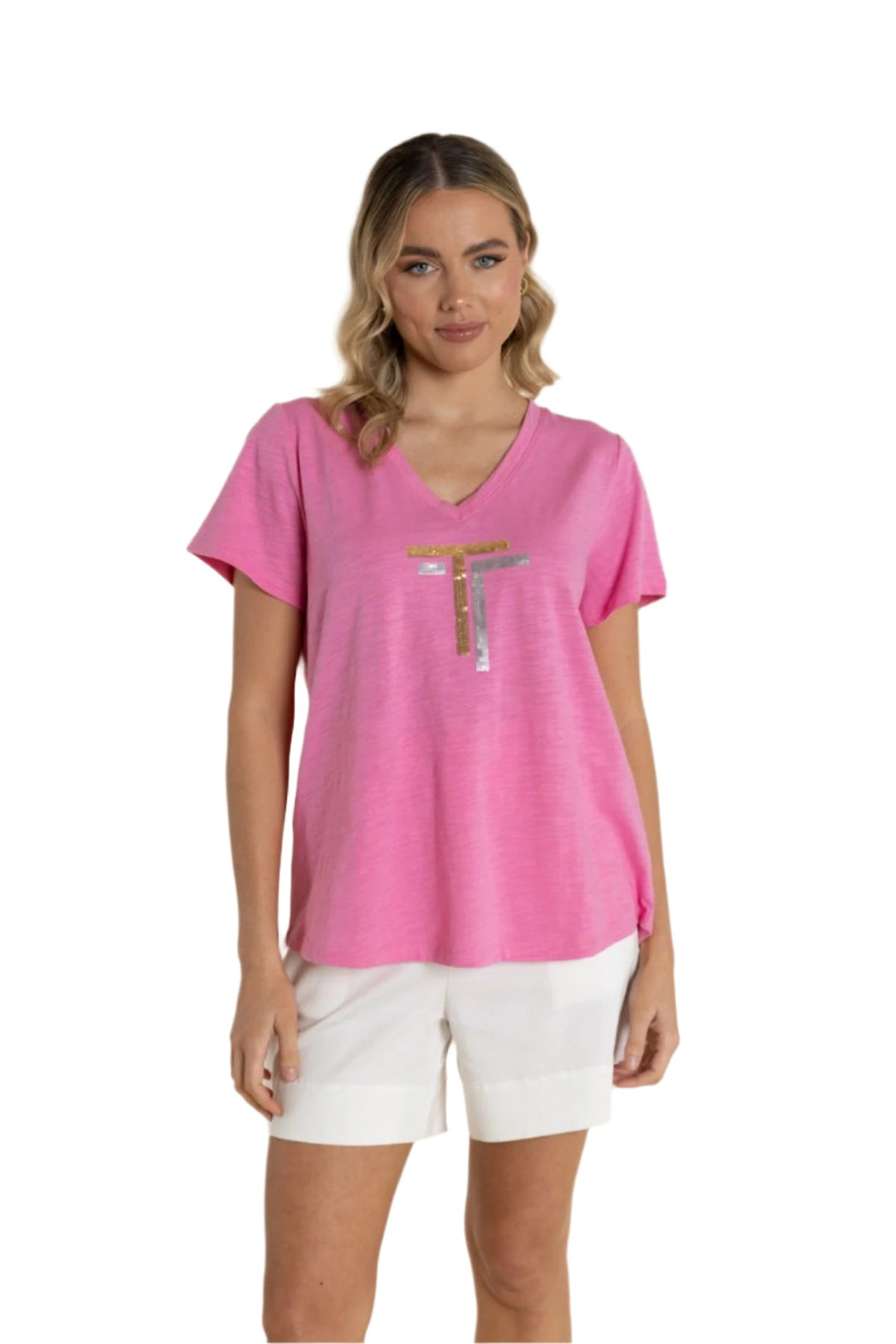 Gold/Silver Logo Sequin V - Neck Tee - French Pink - TT60 - Pizazz BoutiqueTwo - T's