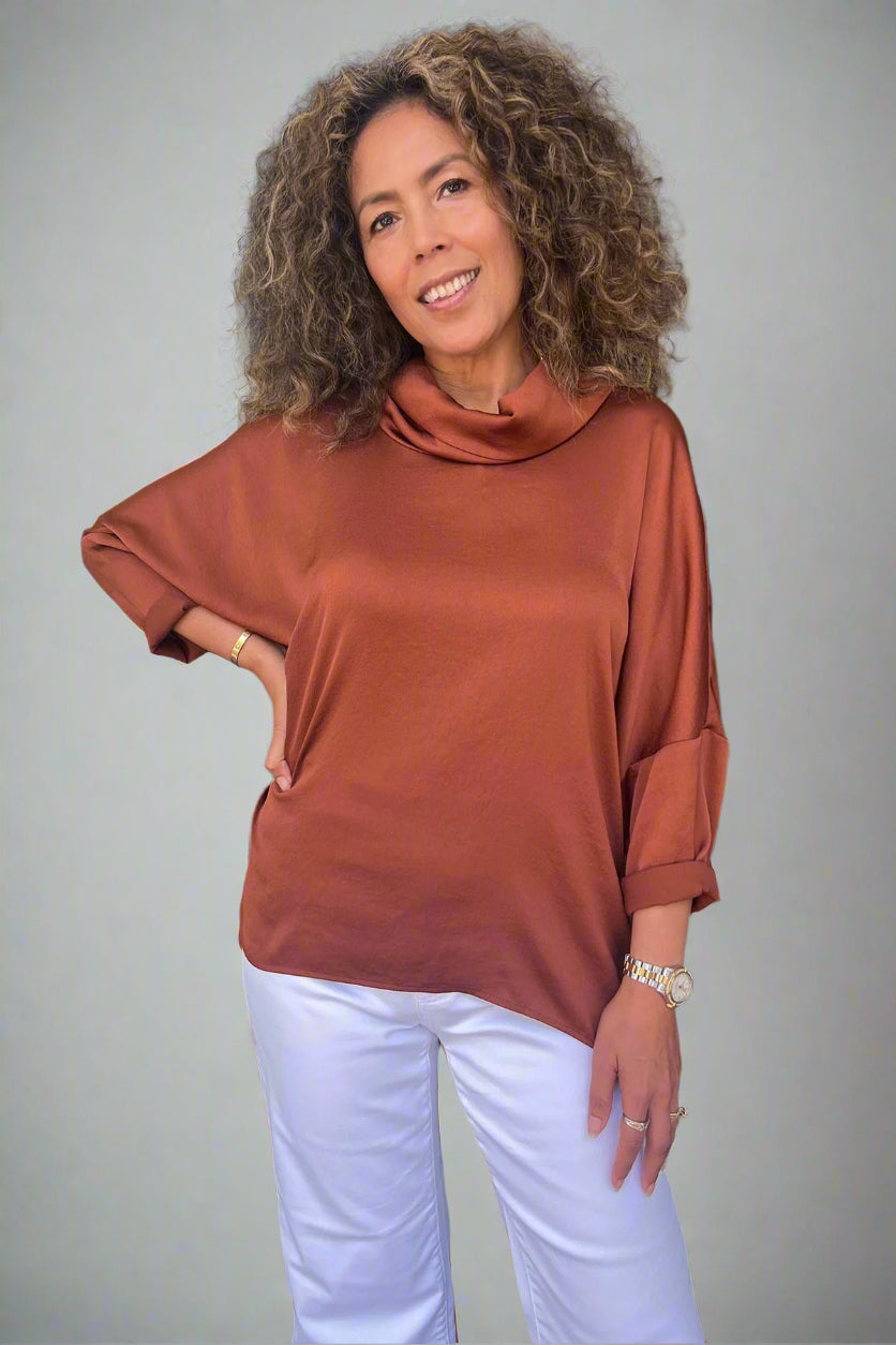 Kelli Cowl Neck Satin Top - Cinnamon - JR23 - Pizazz BoutiqueJoseph Ribkoff