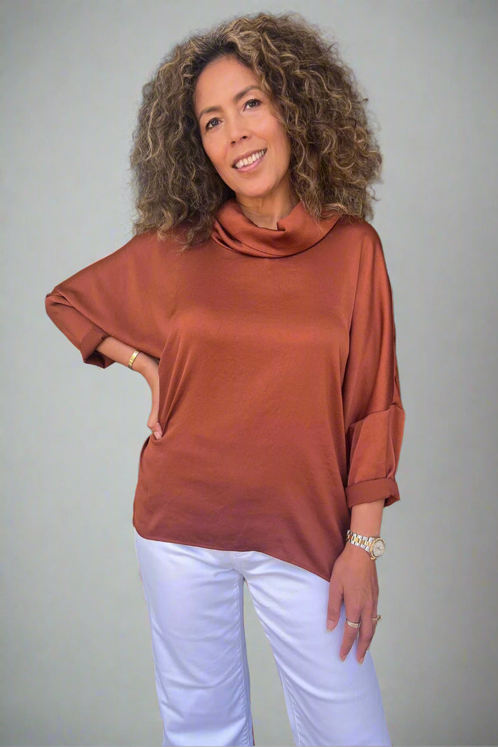 Kelli Cowl Neck Satin Top - Cinnamon - JR23 - Pizazz BoutiqueJoseph Ribkoff