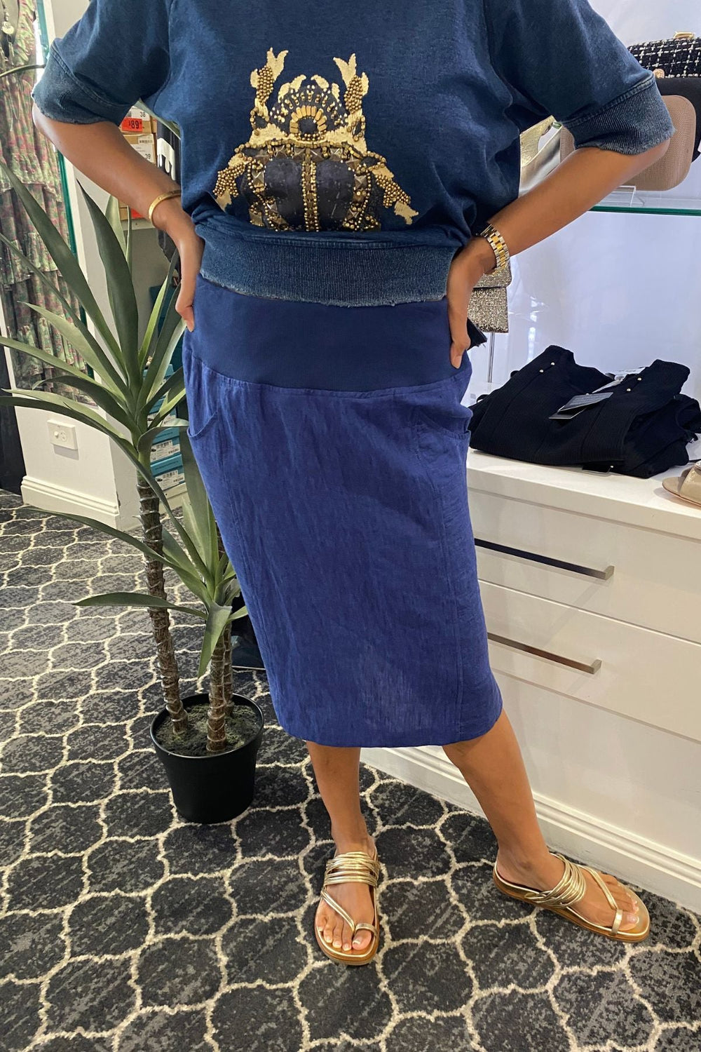 Linen Rib Waist Skirt - Navy - SS40 - Pizazz BoutiqueSee Saw