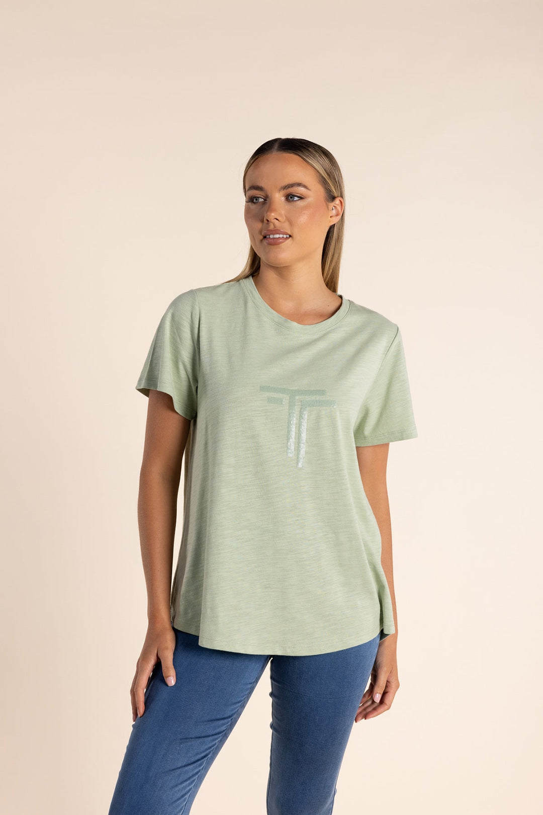 Logo Sequin Crew Tee - Avocado - TT53 - Pizazz BoutiqueTwo - T's
