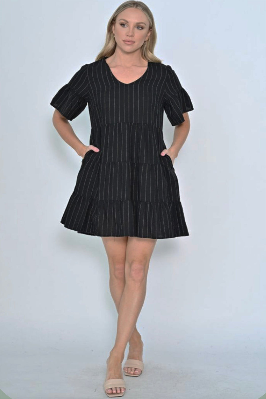 Pinstripe Linen Dress - Black - NU4 - Pizazz BoutiqueNew U Collection