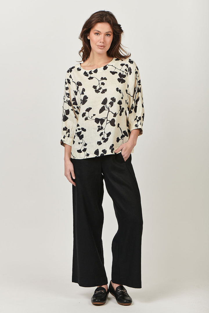 Round Neck Linen Top - Gingko Print - OJ13 - Pizazz BoutiqueNaturals By O & J