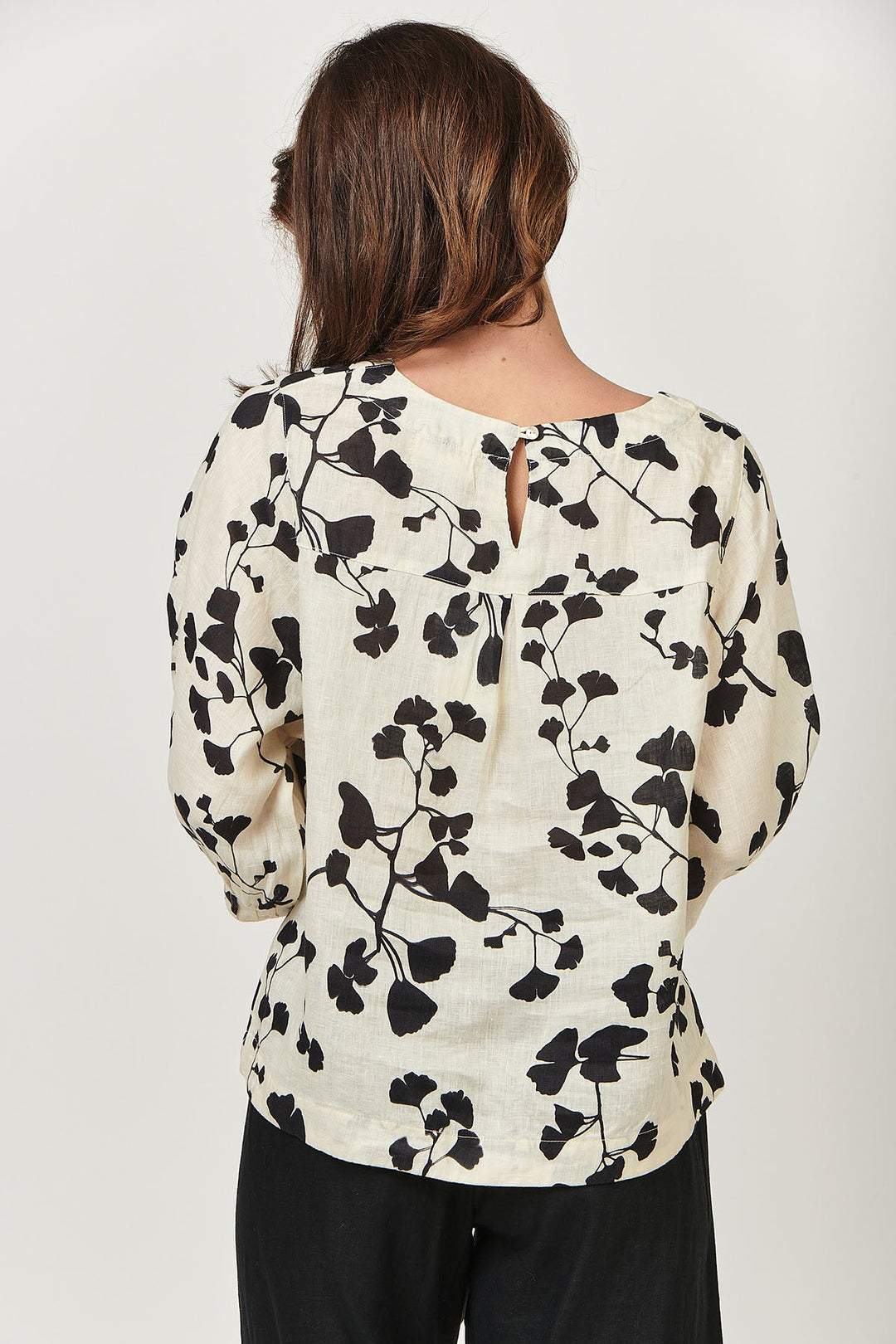 Round Neck Linen Top - Gingko Print - OJ13 - Pizazz BoutiqueNaturals By O & J
