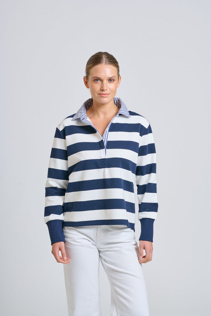 Rugby Crop Sweatshirt - French Navy - EST14 - Pizazz BoutiqueEST 1971