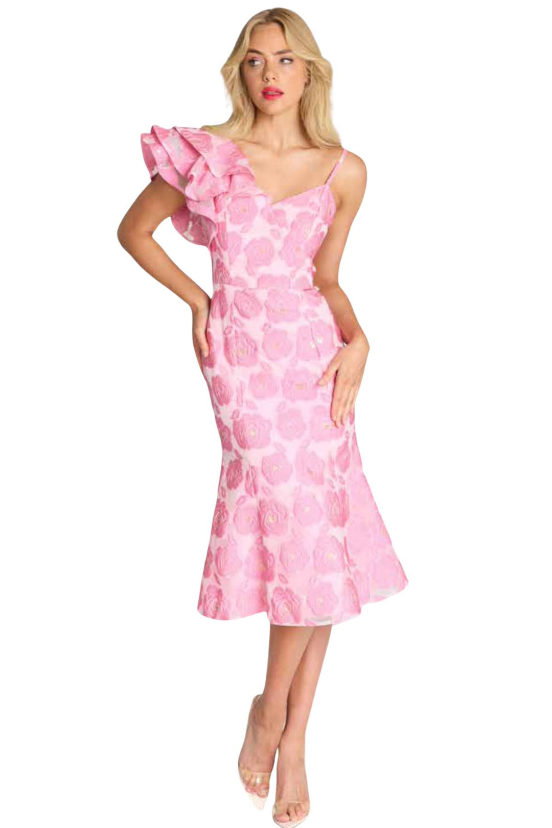 Front View of a lady wearing a one shoulder pink dress with flower detailing from Romance, midi length and one layered sleeve from Pizazz Boutique Nelson Bay ladies clothing