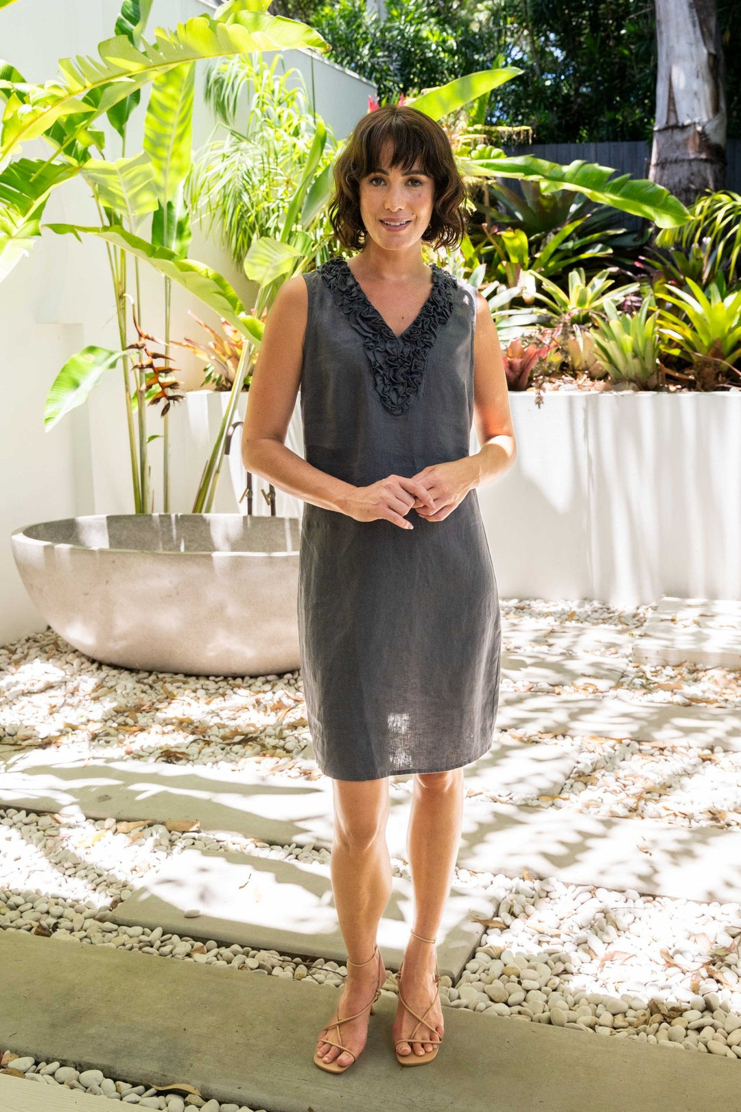 Sleeveless Ruffle Linen Dress - Charcoal - SS36 - Pizazz BoutiqueSee Saw