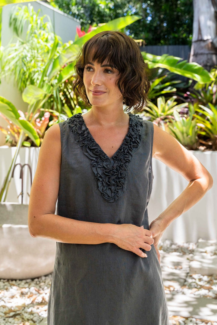 Sleeveless Ruffle Linen Dress - Charcoal - SS36 - Pizazz BoutiqueSee Saw