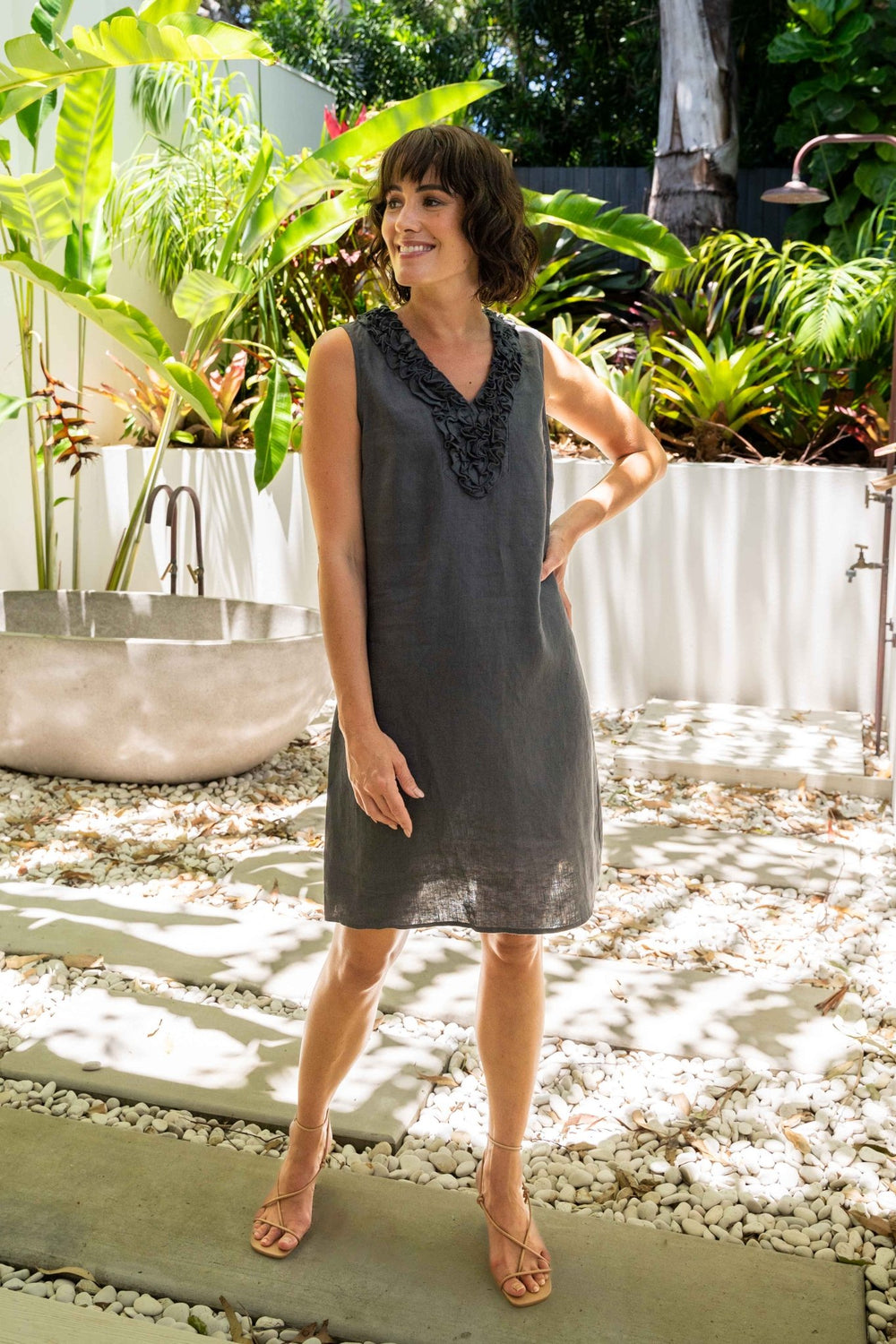 Sleeveless Ruffle Linen Dress - Charcoal - SS36 - Pizazz BoutiqueSee Saw