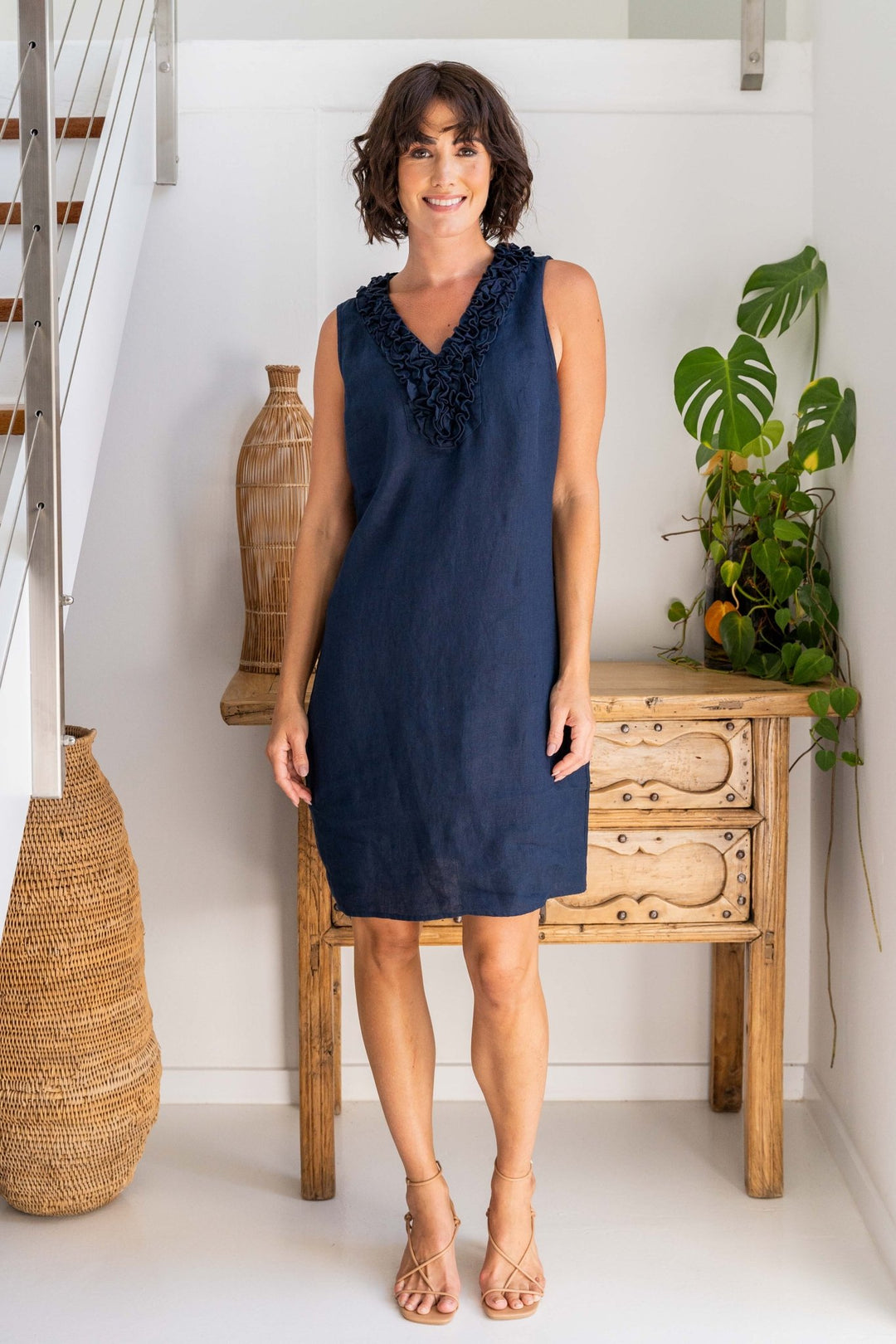 Sleeveless Ruffle Linen Dress - Navy - SS36 - Pizazz BoutiqueSee Saw