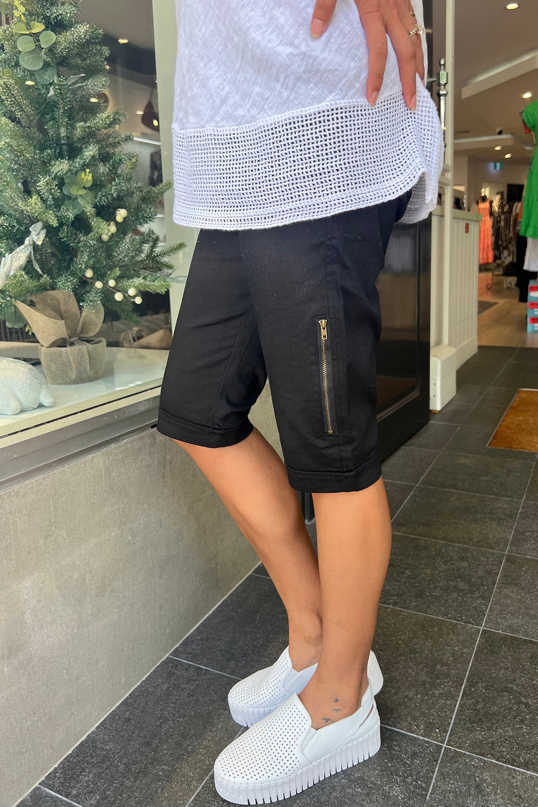 Stretch Shorts with Zip Detail - Black - CL13 - Pizazz BoutiqueCafe Latte