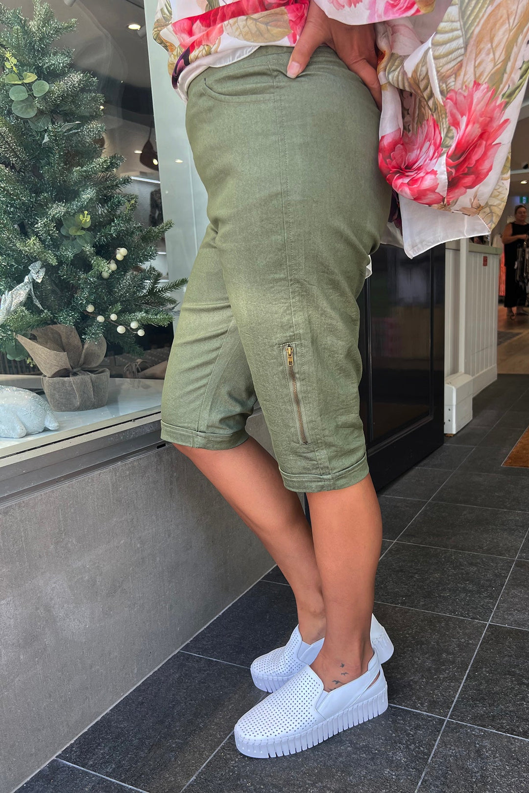 Stretch Shorts with Zip Detail - Khaki - CL13 - Pizazz BoutiqueCafe Latte