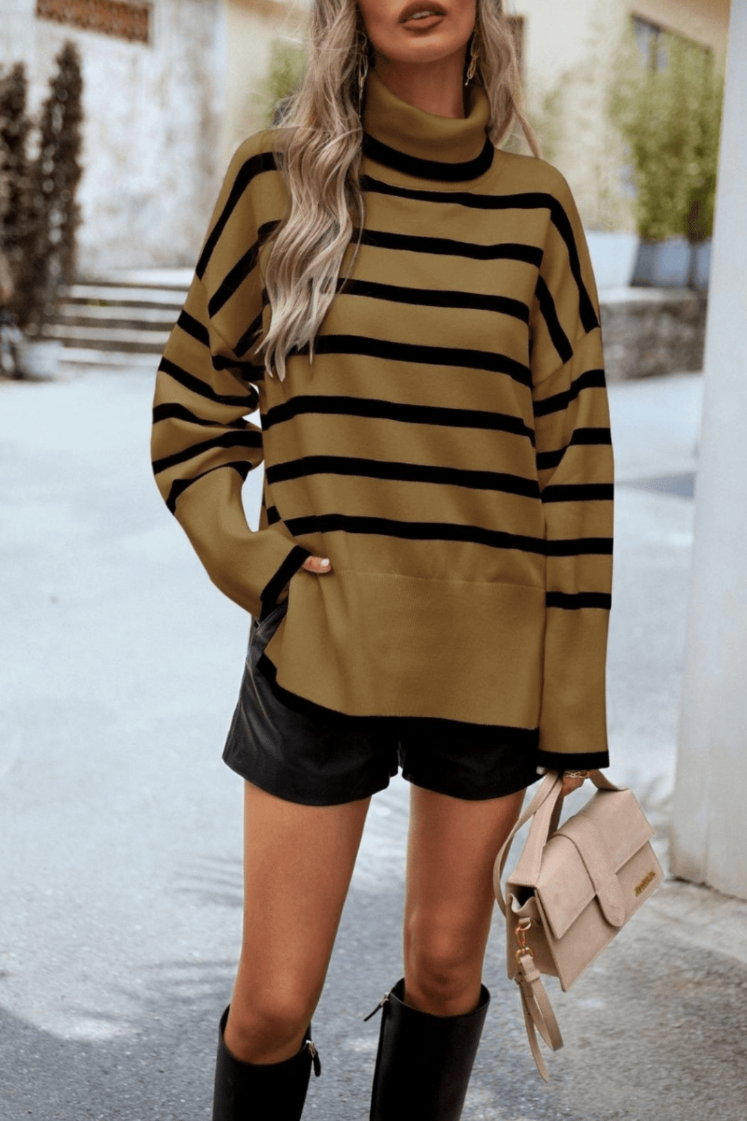 Striped Turtle Neck Knit - Brown - MF13 - Pizazz BoutiqueMutig