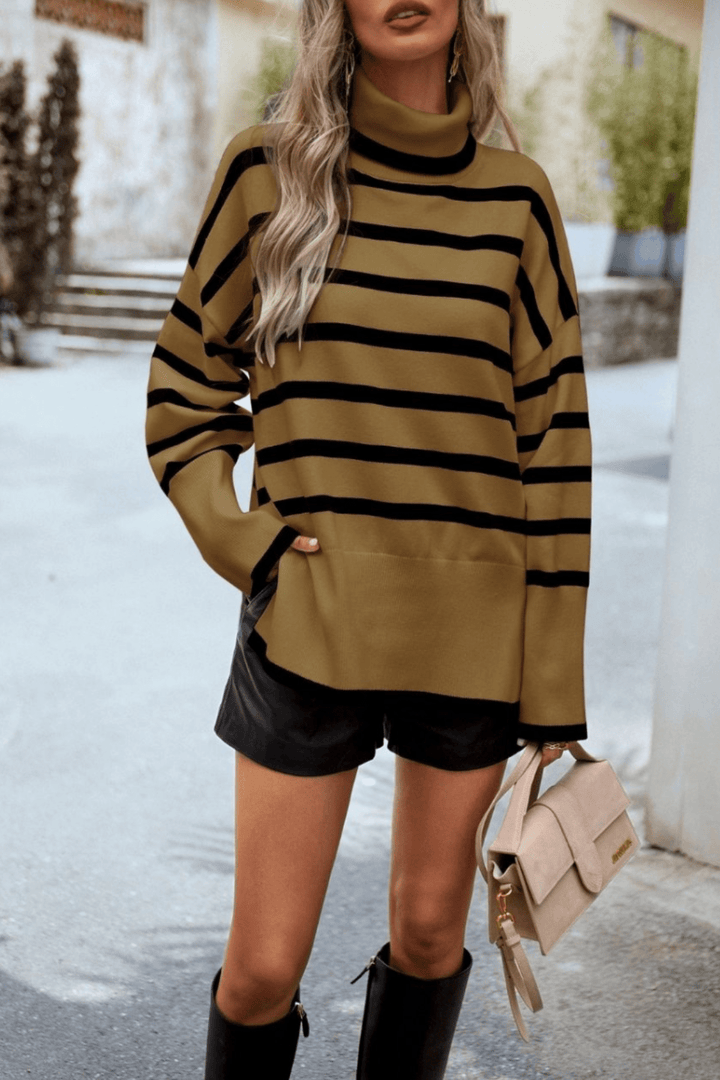 Striped Turtle Neck Knit - Brown - MF13 - Pizazz BoutiqueMutig