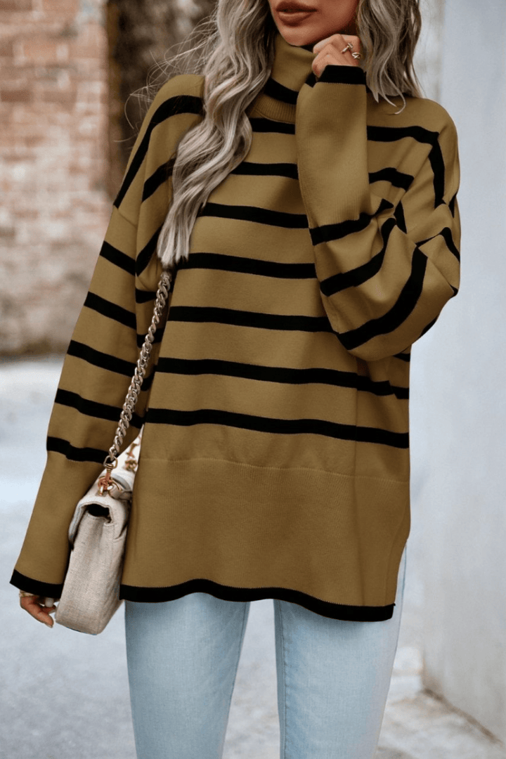 Striped Turtle Neck Knit - Brown - MF13 - Pizazz BoutiqueMutig