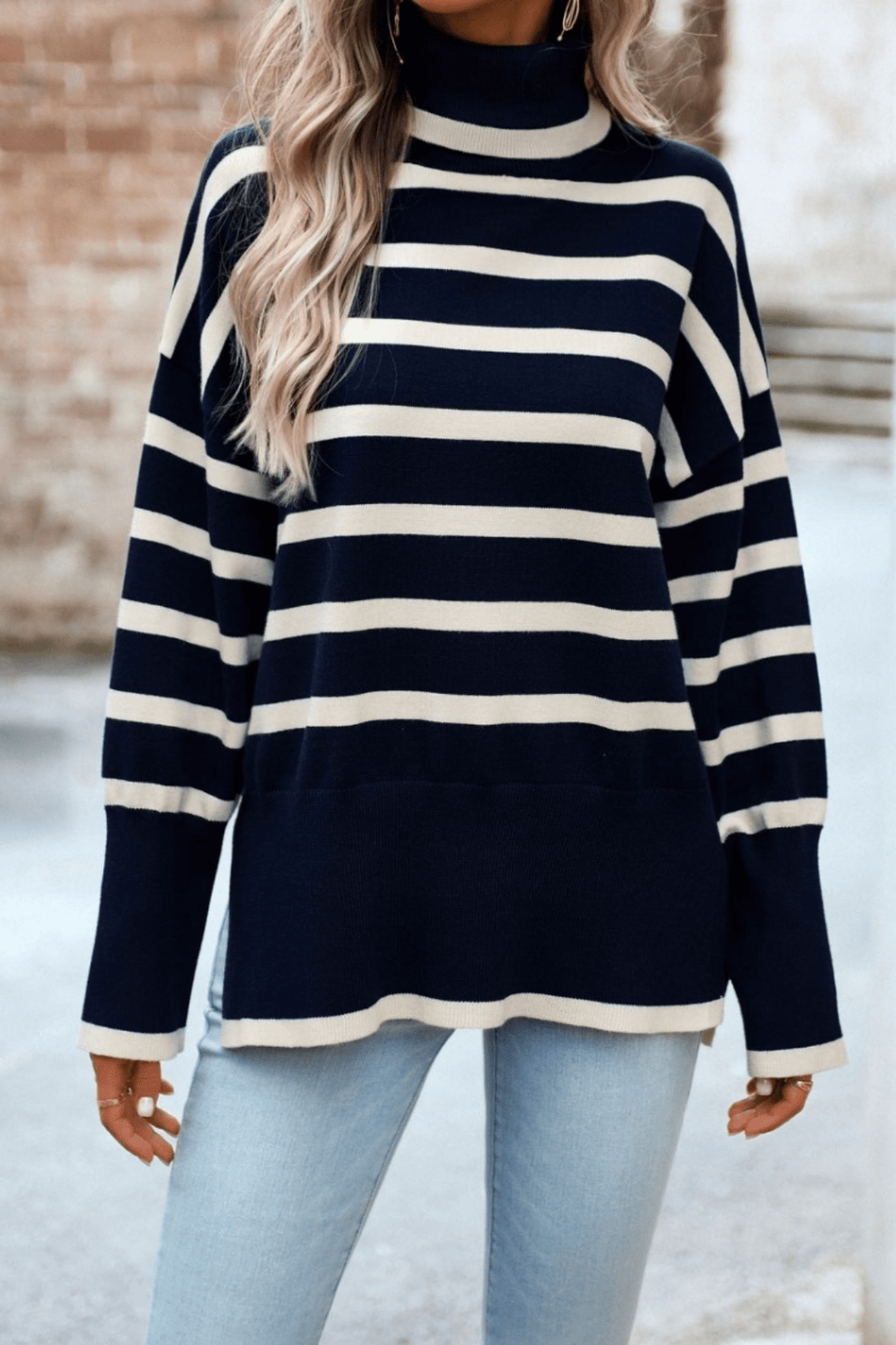Striped Turtle Neck Knit - Navy - MF13 - Pizazz BoutiqueMutig