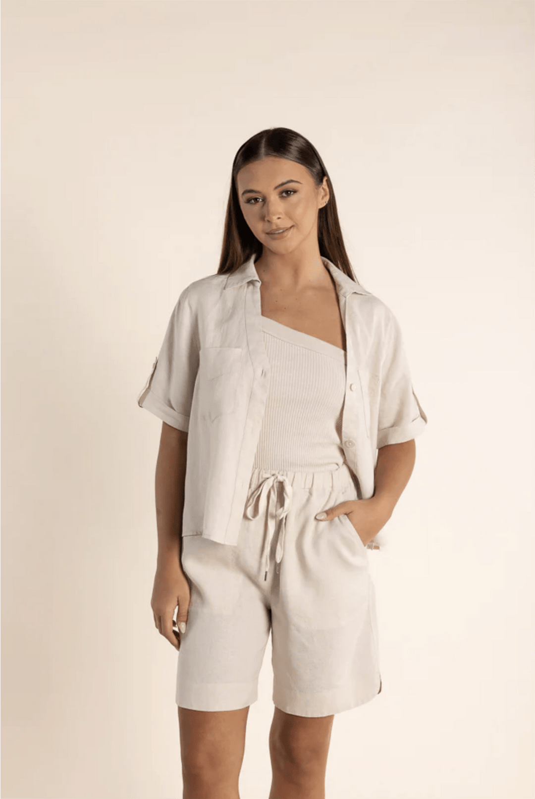 Taleah Linen Short - Natural - TT15 - Pizazz BoutiqueTwo - T's