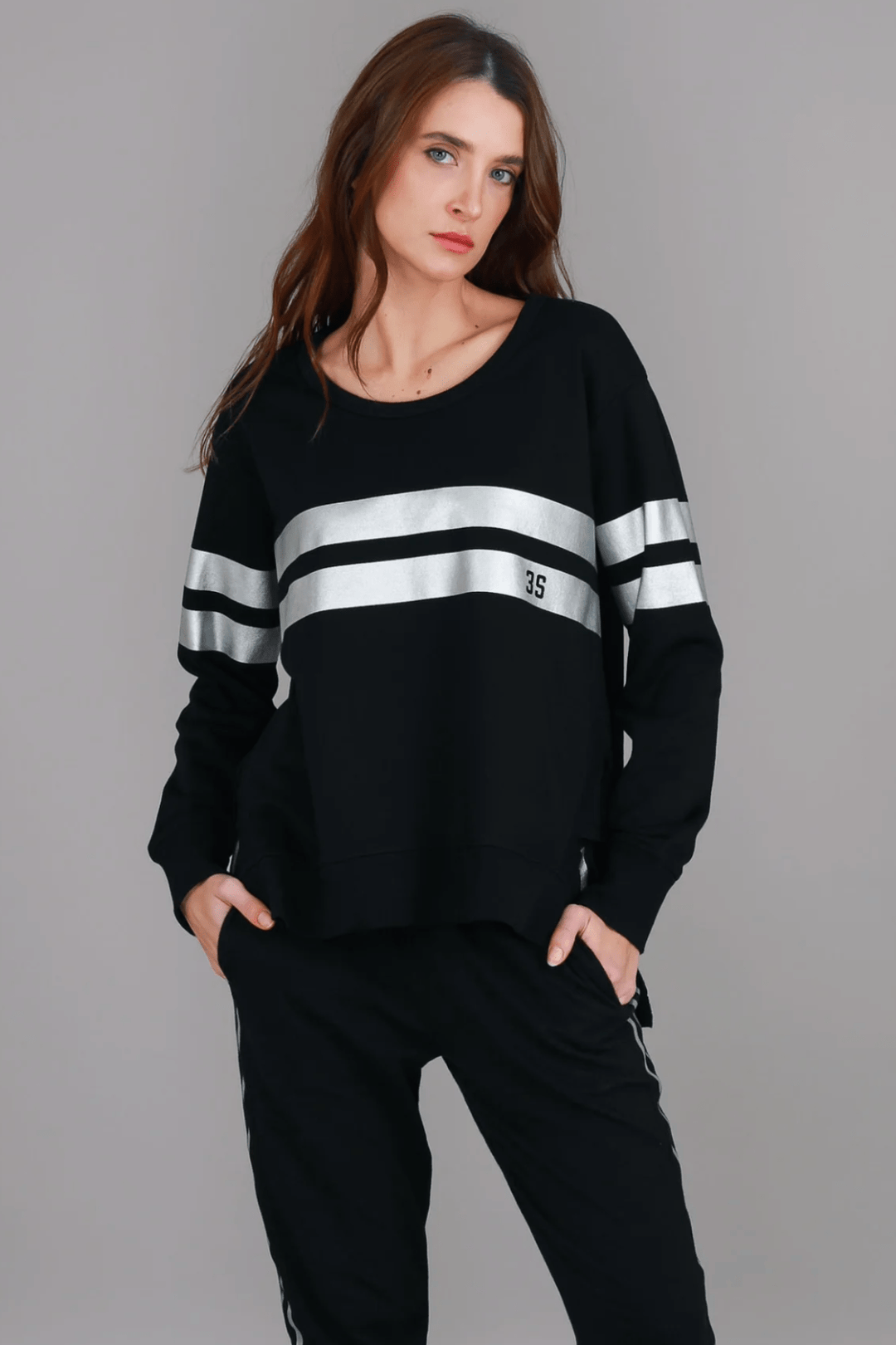 Theresa Two - Striped Sweatshirt - Black/Silver - RD15 - Pizazz Boutique3RD STORY