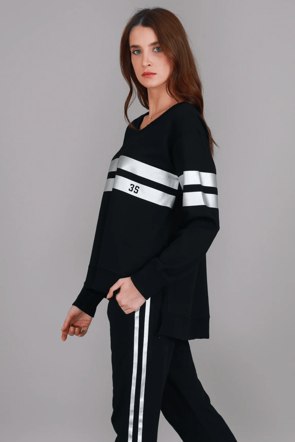 Theresa Two - Striped Sweatshirt - Black/Silver - RD15 - Pizazz Boutique3RD STORY