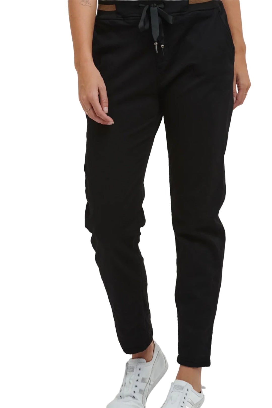 Woman wearing drawstring, slim leg pants with side vent pockets in Black colour. Sold and shipped by Pizazz Boutique, Nelson Bay, NSW.