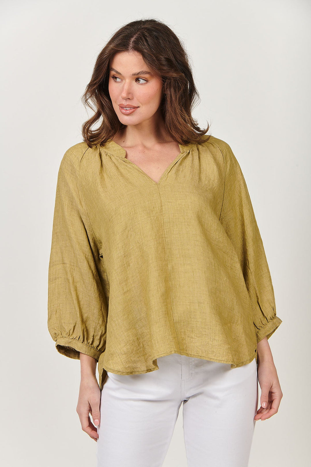 Trudy V - Neck Linen Top - Peridot - OJ24 - Pizazz BoutiqueNaturals By O & J