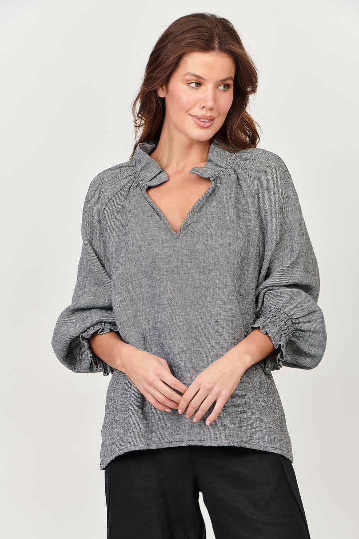 Tulip V - Neck Linen Top - Pepper - OJ27 - Pizazz BoutiqueNaturals By O & J